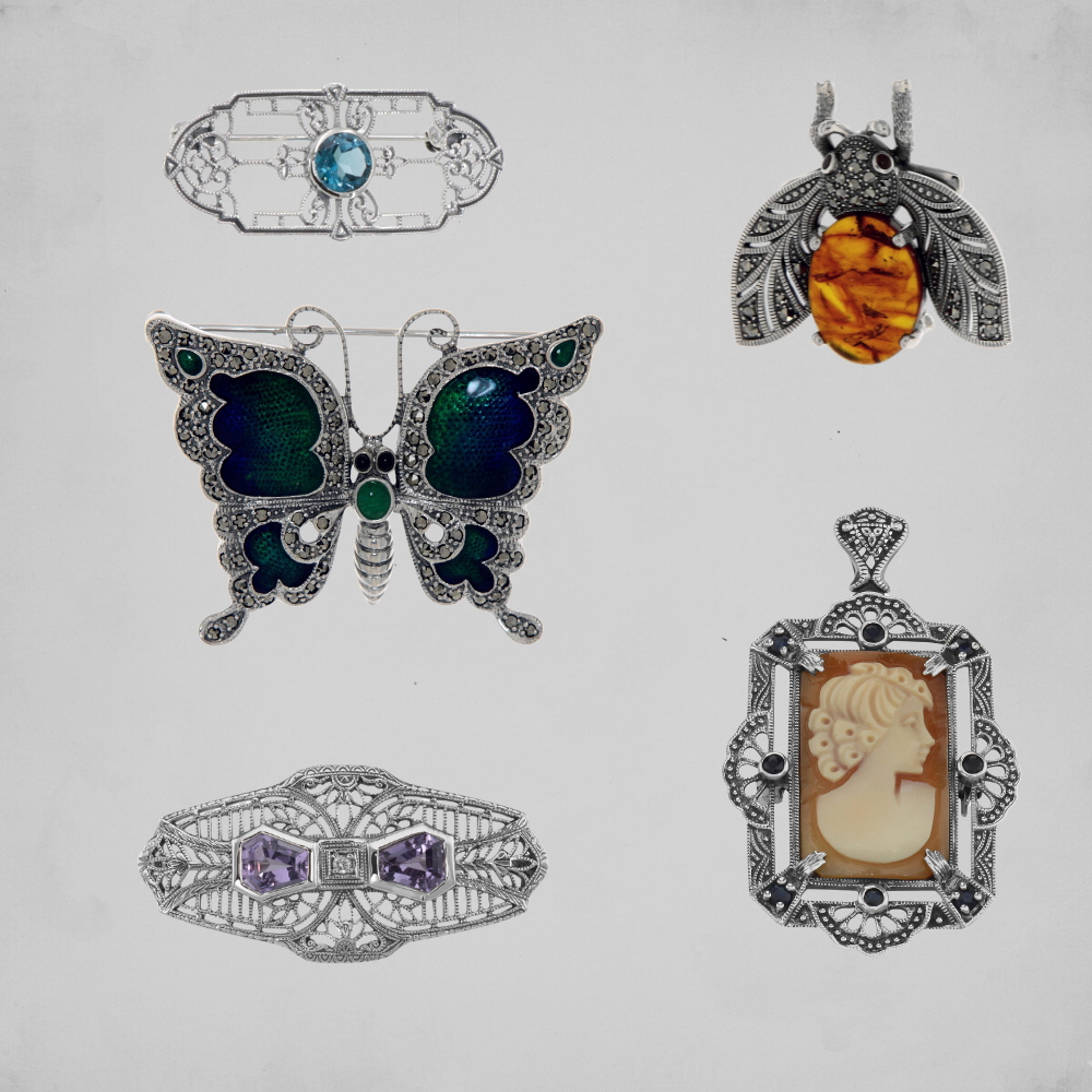 Vintage Inspired Sterling Silver Brooch and Pin Collection featuring Butterflies, Bees Cameos and Filigree Gemstone Pins and Brooches