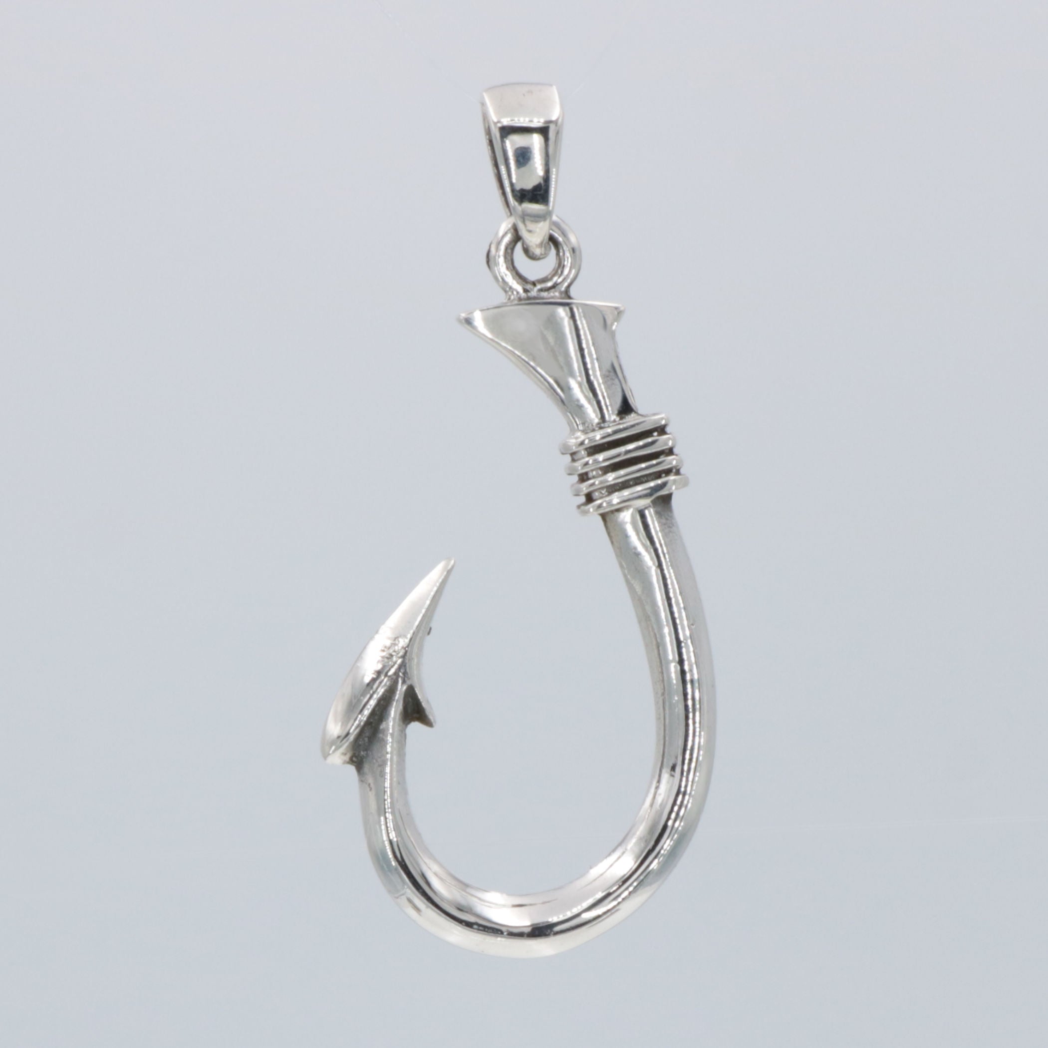 Back view of Large Men's Classic Barbed Fish Hook barb Pendant showing 925 sterling silver hallmark and spring ring clasp