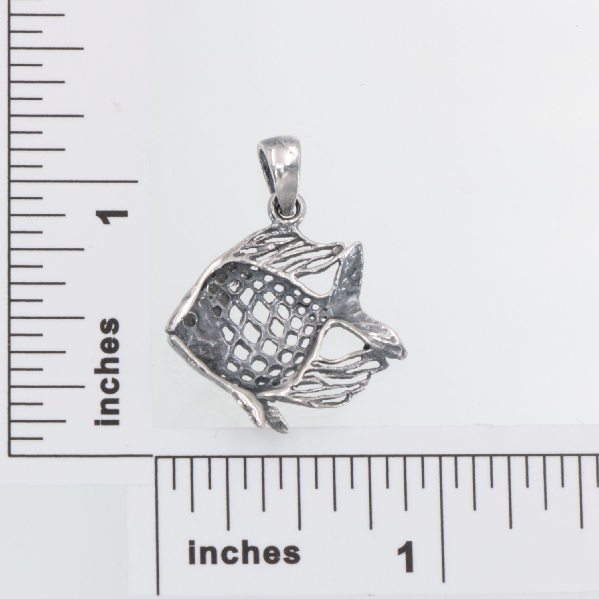 Back view of Filigree Angel Fish Pendant / Charm made in fine Sterling Silver showing 925 sterling silver hallmark and spring