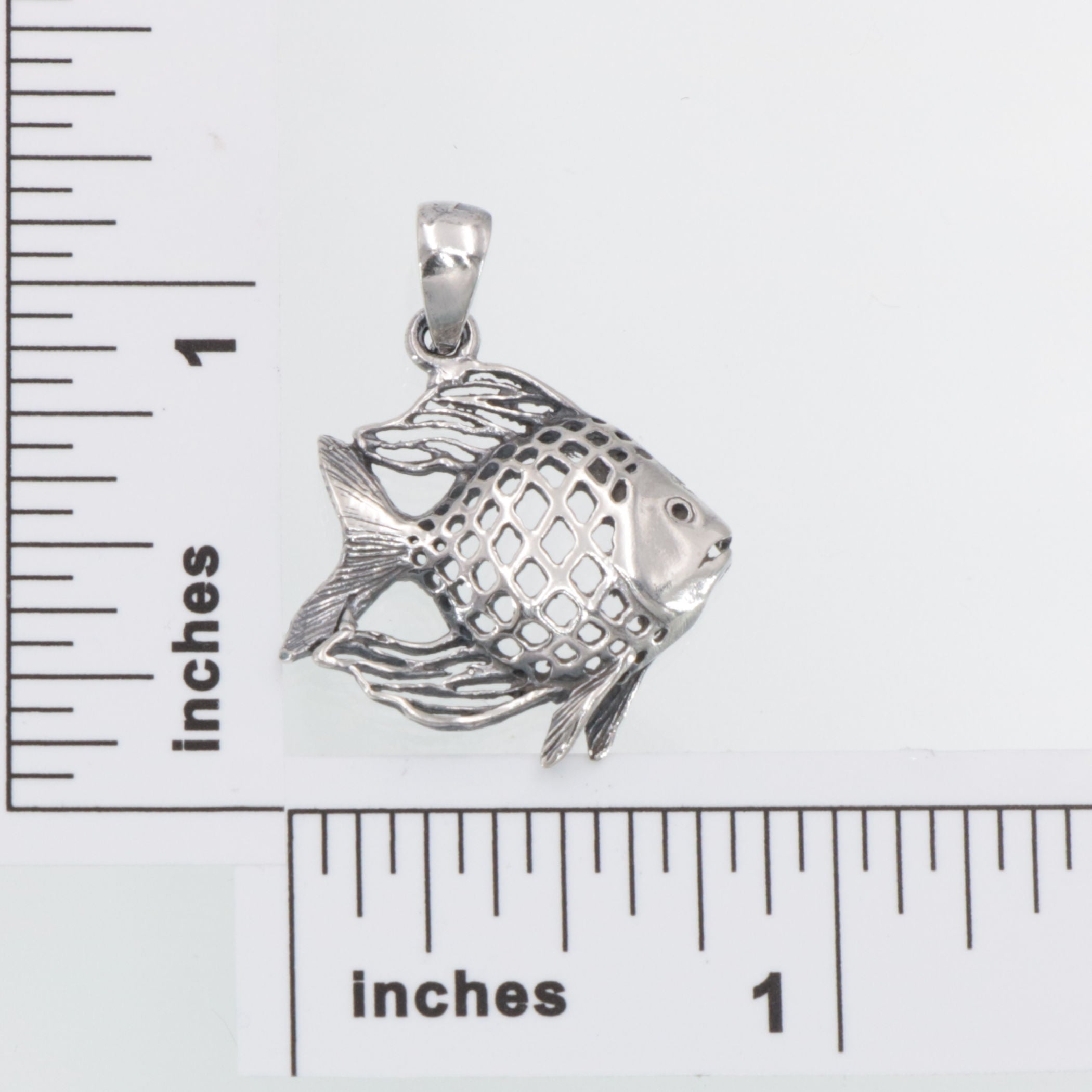 Detail view of Filigree Angel Fish Pendant / Charm made in fine Sterling Silver highlighting design details