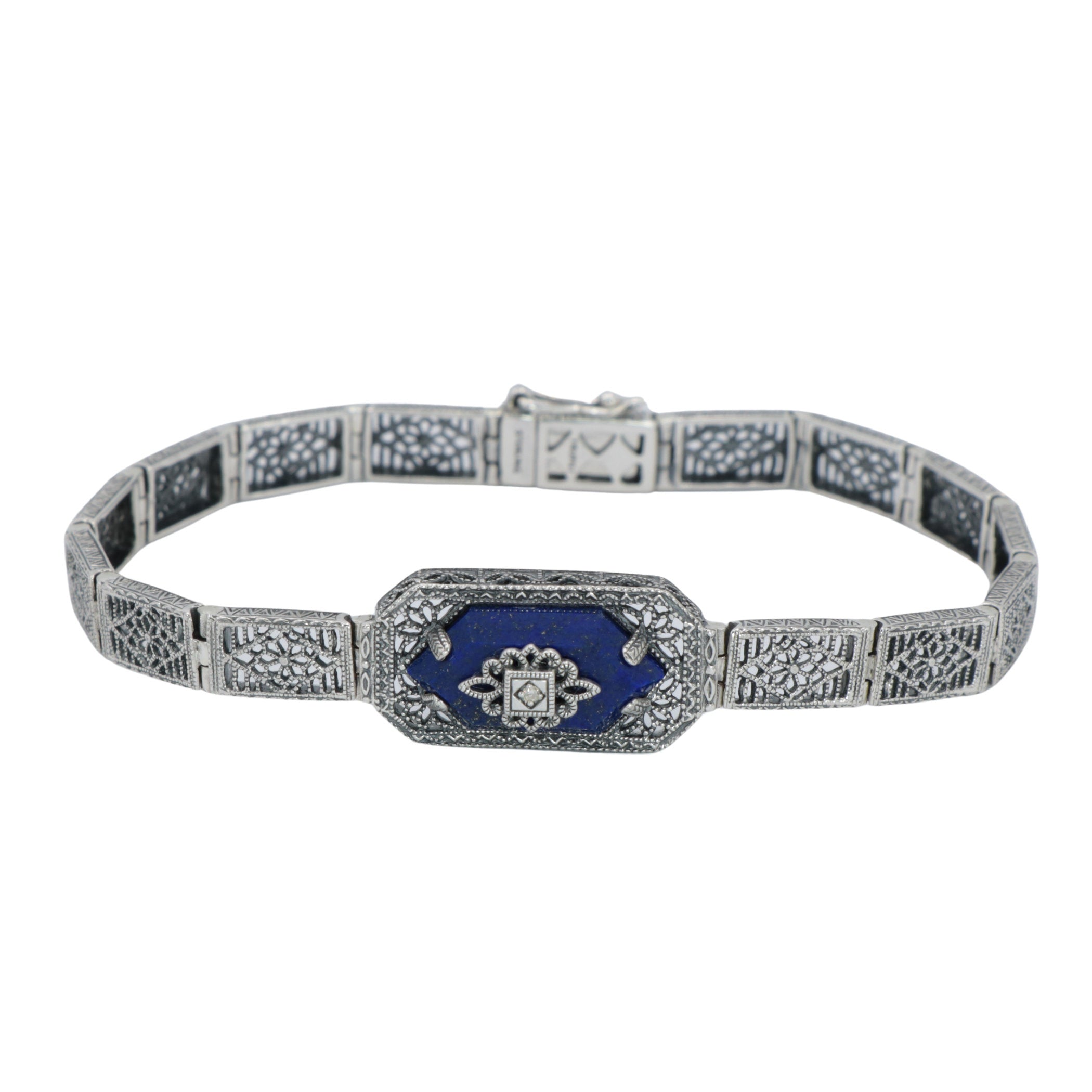 Victorian style, Diamond, Lapis, sterling silver bracelets, front view