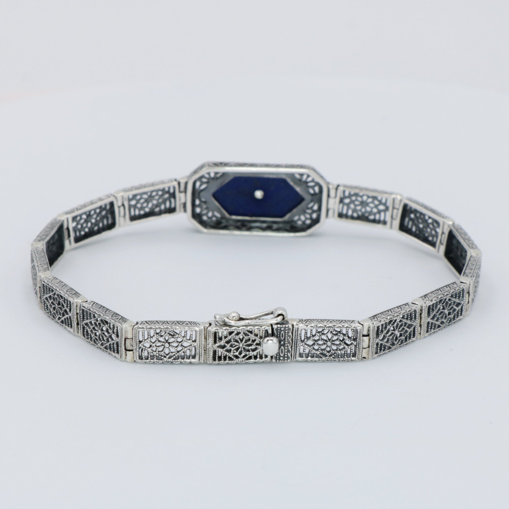Back view of Blue Lapis Lazuli Victorian Style Filigree Bracelet with Natural Diamond Accent 7 1/4 Sterling Silver showing 92