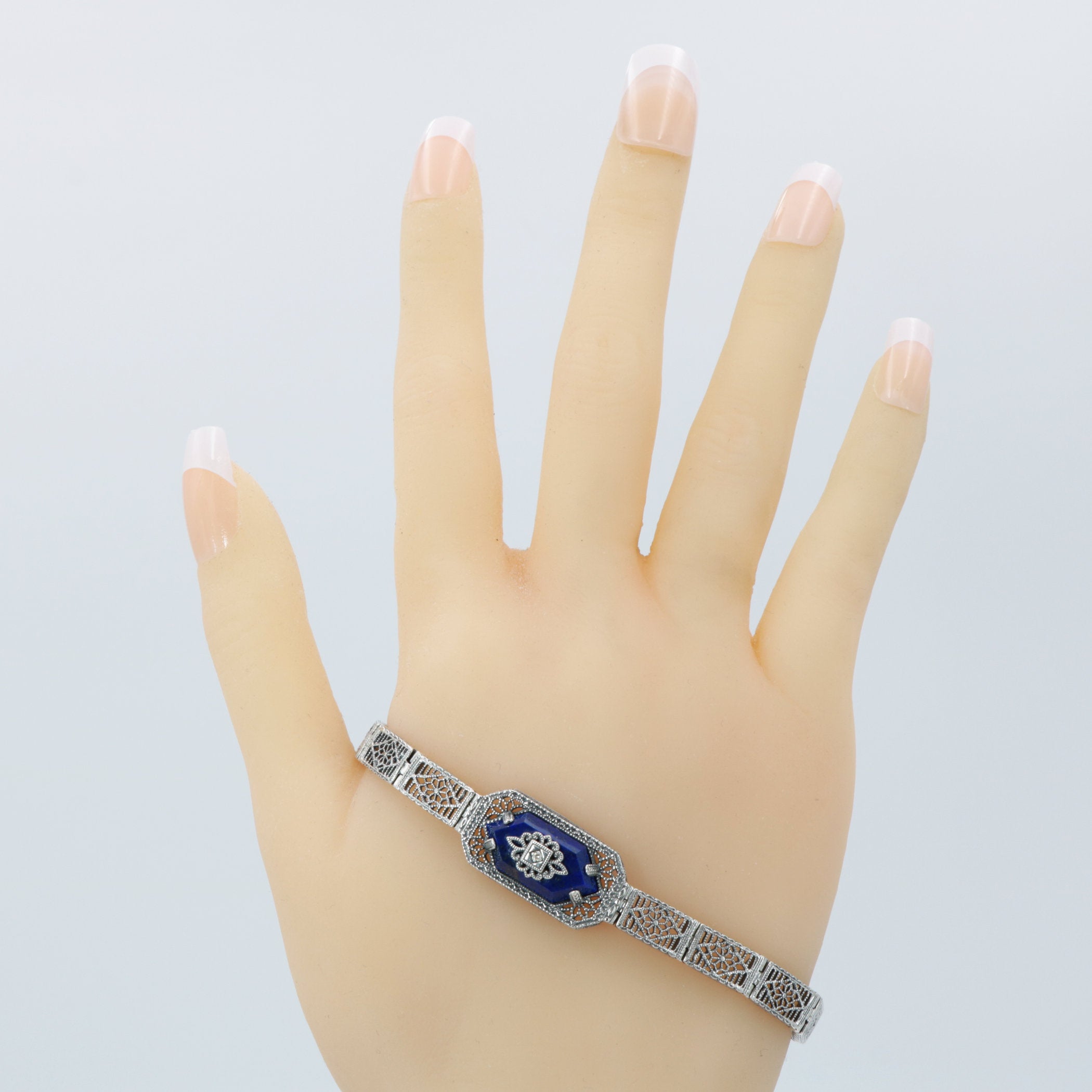 Detail view of Blue Lapis Lazuli Victorian Style Filigree Bracelet with Natural Diamond Accent 7 1/4 Sterling Silver highligh