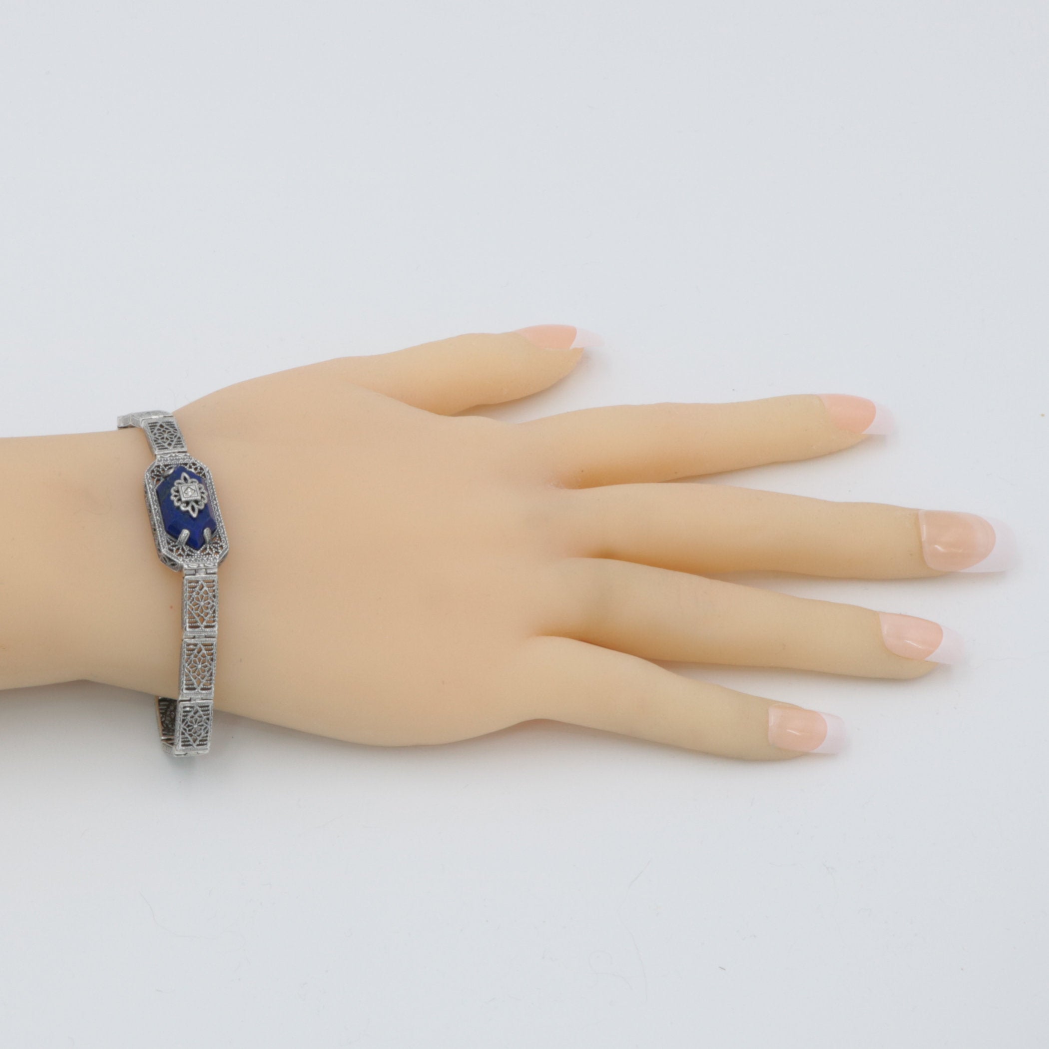 Detail view of Blue Lapis Lazuli Victorian Style Filigree Bracelet with Natural Diamond Accent 7 1/4 Sterling Silver highligh
