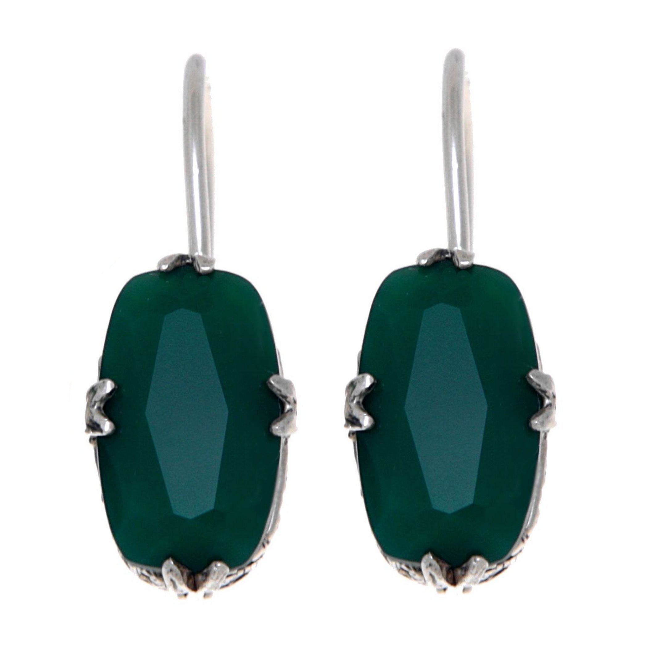 Sterling silver green onyx drop earrings, large faceted oval green stones in ornate claw filigree setting, French wire hooks