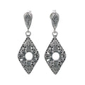 Art Deco oxidized filigree diamond-shape dangle earrings, 5mm empty semi-mount center, decorative post top, sterling silver