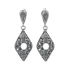 Art Deco oxidized filigree diamond-shape dangle earrings, 5mm empty semi-mount center, decorative post top, sterling silver