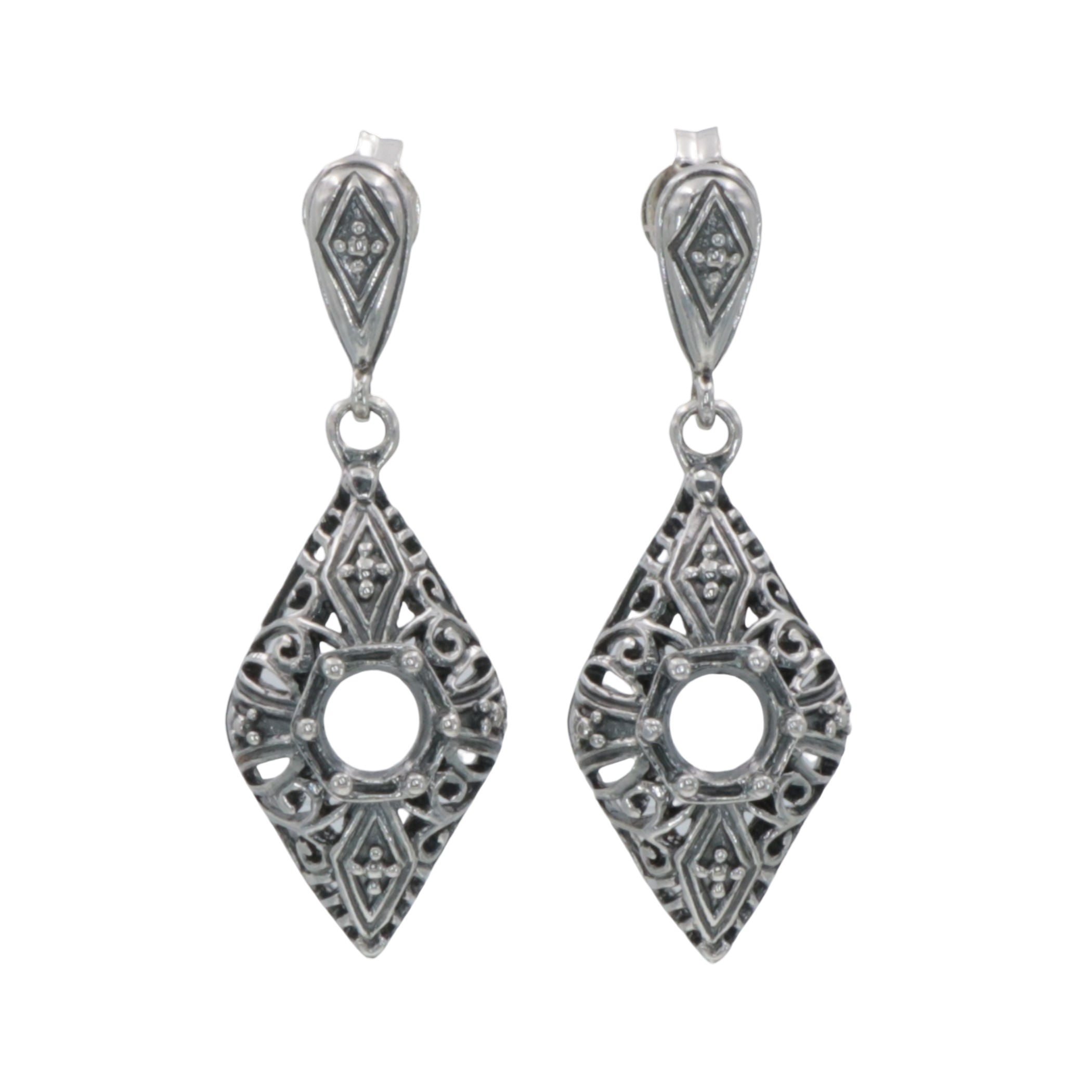 Art Deco oxidized filigree diamond-shape dangle earrings, 5mm empty semi-mount center, decorative post top, sterling silver