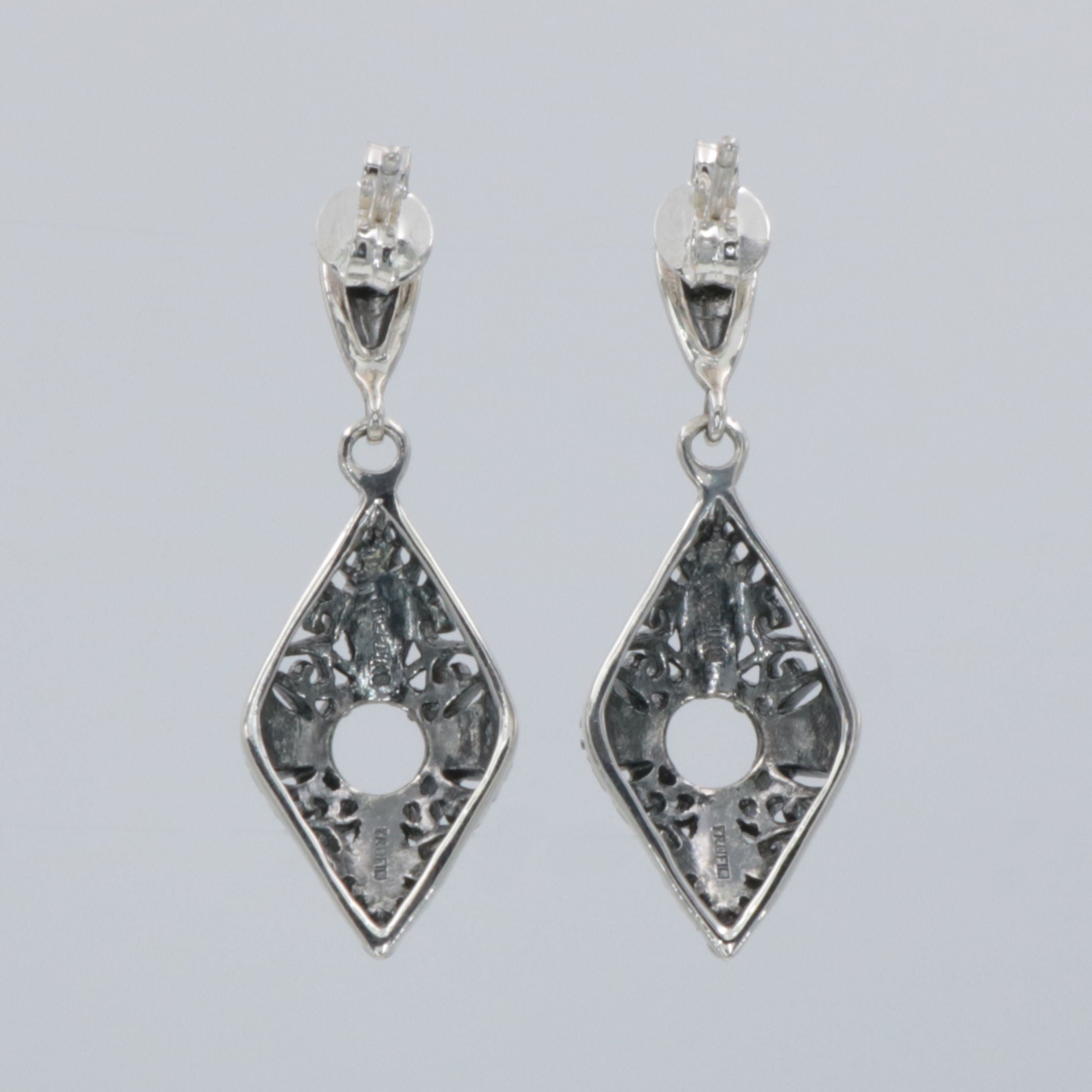 Back view of Classic Art Deco Style Sterling Silver 5mm Semi Mount Filigree Earrings showing 925 sterling silver hallmark and French wire hooks