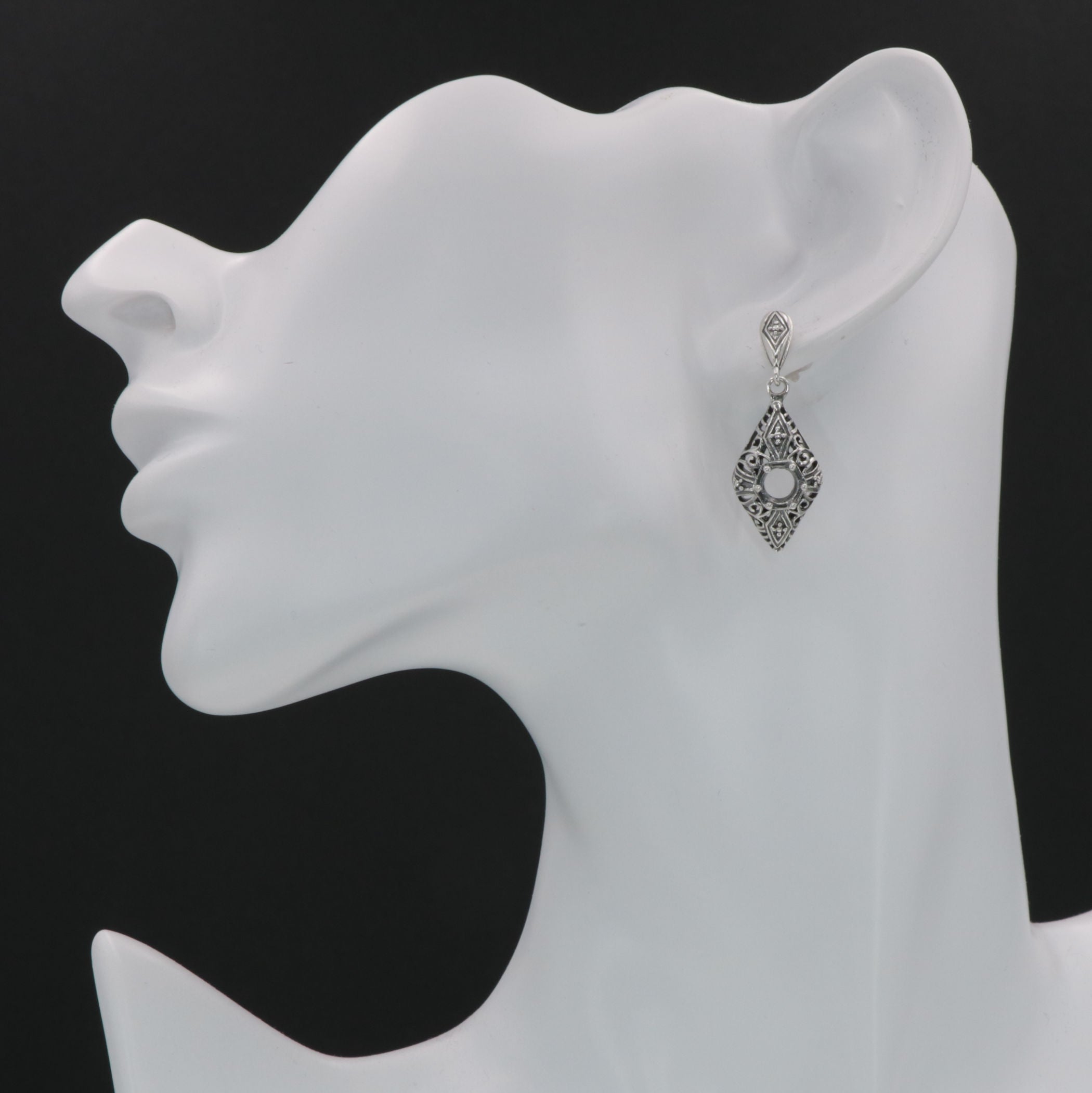 Detail view of Classic Art Deco Style Sterling Silver 5mm Semi Mount Filigree Earrings highlighting filigree detail