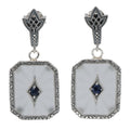 Camphor glass drop earrings with blue sapphire center, milgrain marcasite border, art deco fleur post, sterling silver