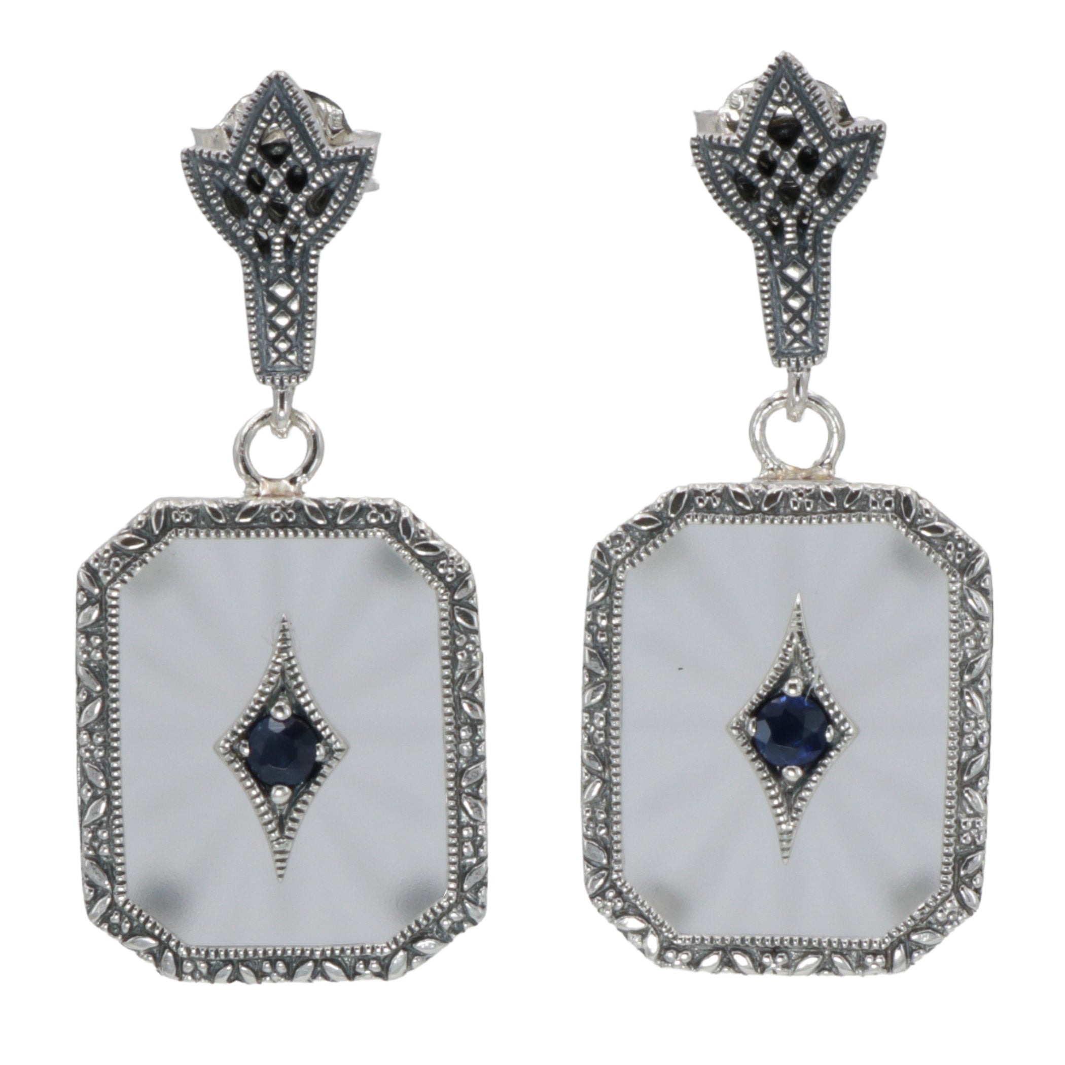 Camphor glass drop earrings with blue sapphire center, milgrain marcasite border, art deco fleur post, sterling silver