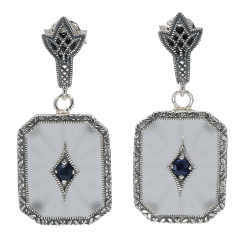 Camphor glass drop earrings with blue sapphire center, milgrain marcasite border, art deco fleur post, sterling silver