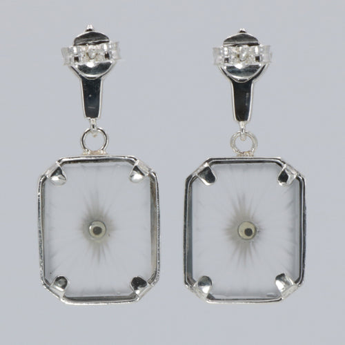 Back view of Antique Style Camphor Glass Earrings with Blue Sapphire Center showing 925 sterling silver hallmark and French wire hooks