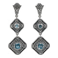 Art Deco two-tiered earrings, London blue topaz in filigree diamond frames, diamond accents, fan-shaped post, sterling silver