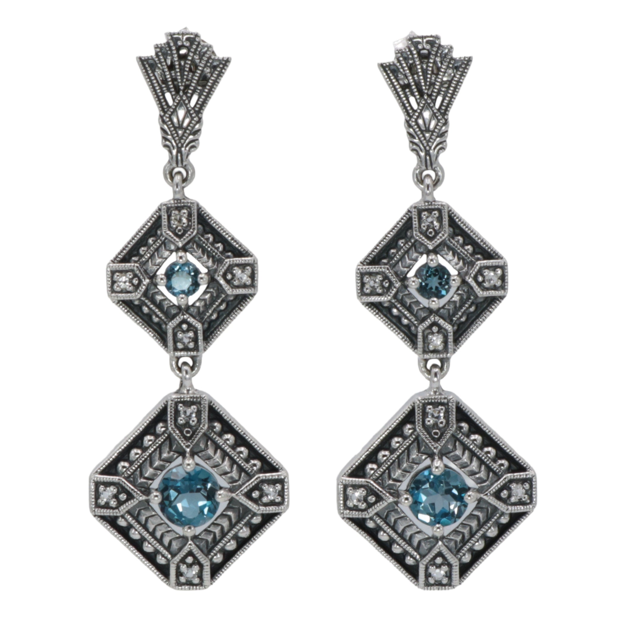 Art Deco two-tiered earrings, London blue topaz in filigree diamond frames, diamond accents, fan-shaped post, sterling silver