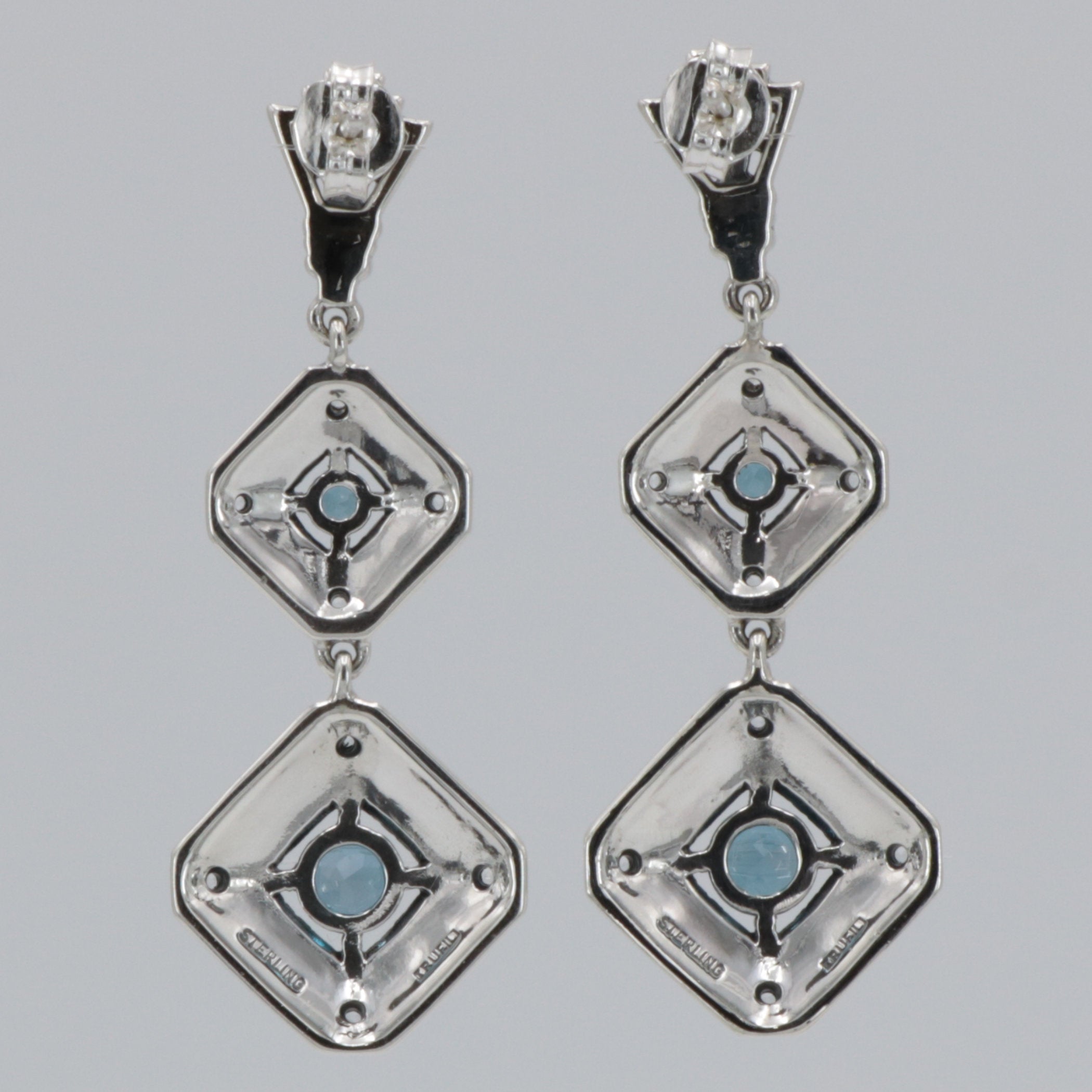 Back view of Art Deco Style London Blue Topaz Two Tiered Earrings showing 925 sterling silver hallmark and French wire hooks
