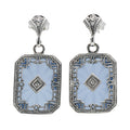 Art Deco blue pressed glass dangle earrings, octagonal filigree open frame, diamond center, fan stud post, sterling silver