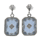 Art Deco blue pressed glass dangle earrings, octagonal filigree open frame, diamond center, fan stud post, sterling silver
