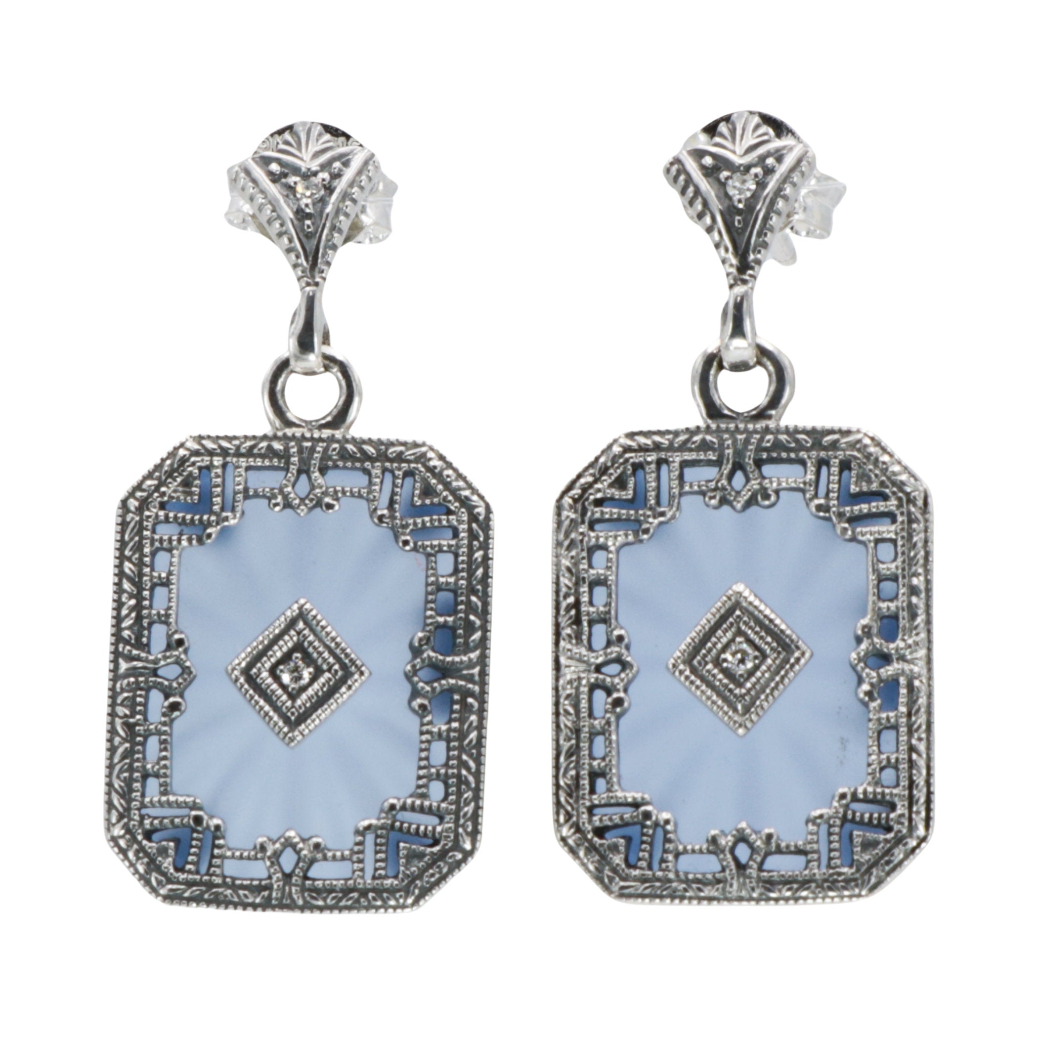 Art Deco blue pressed glass dangle earrings, octagonal filigree open frame, diamond center, fan stud post, sterling silver