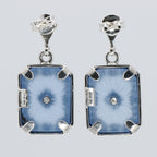 Back view of Art Deco Style Filigree Earrings Blue Pressed Glass Crystal Diamond Accents showing 925 sterling silver hallmark and French wire hooks