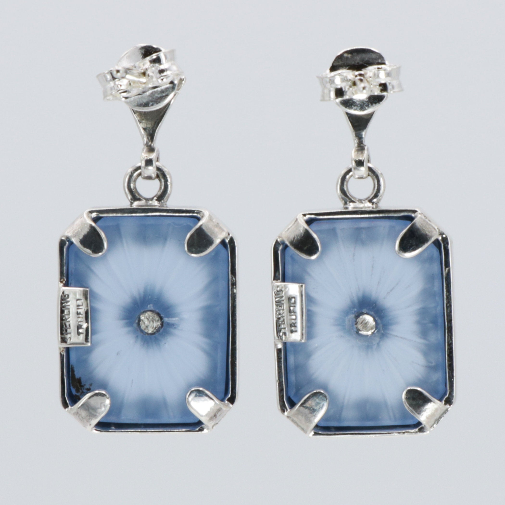 Back view of Art Deco Style Filigree Earrings Blue Pressed Glass Crystal Diamond Accents showing 925 sterling silver hallmark and French wire hooks
