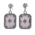 Art Deco pink crystal dangle earrings, octagonal filigree frame, diamond center, fan stud post, sterling silver