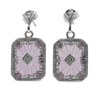 Art Deco pink crystal dangle earrings, octagonal filigree frame, diamond center, fan stud post, sterling silver
