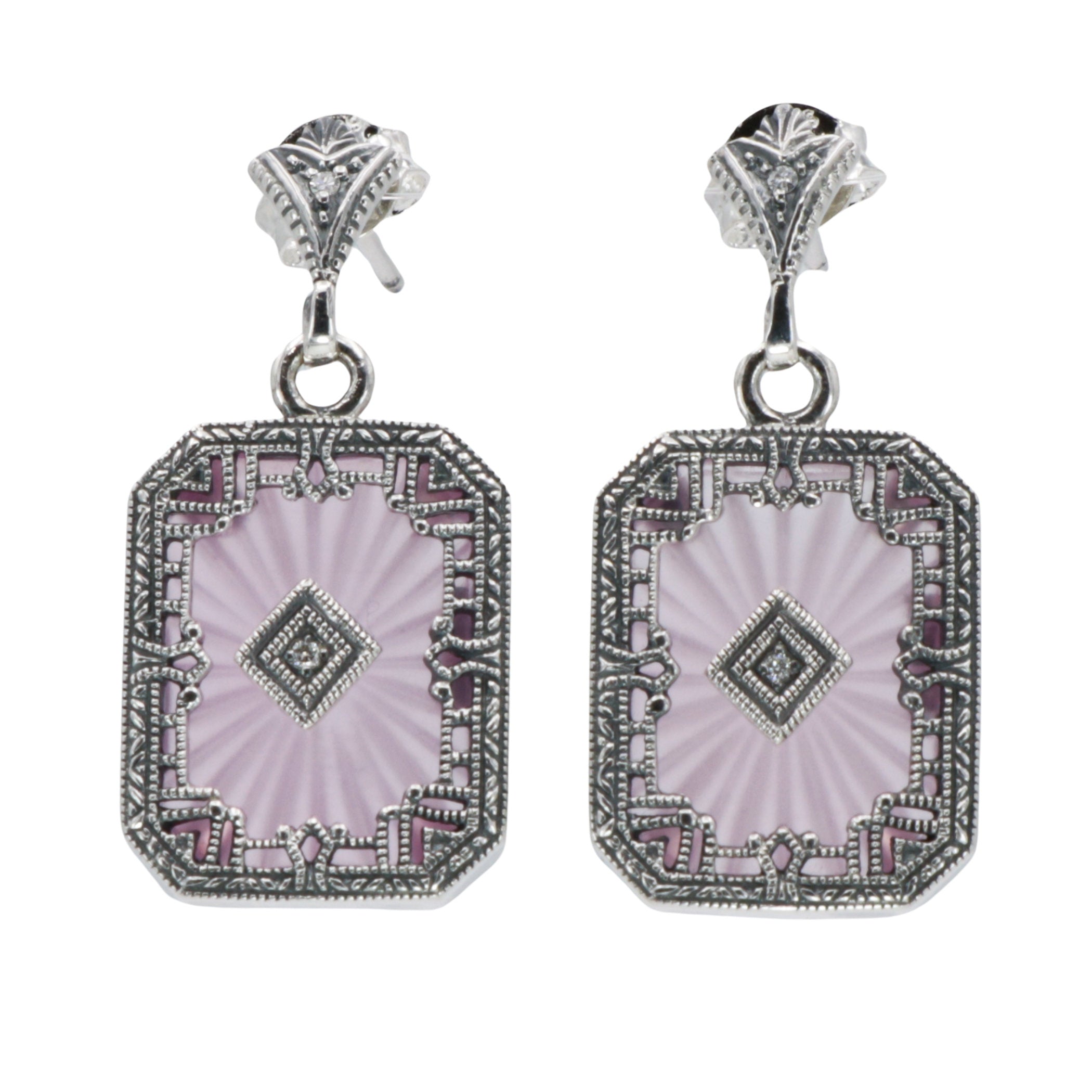 Art Deco pink crystal dangle earrings, octagonal filigree frame, diamond center, fan stud post, sterling silver