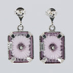 Back view of Art Deco Style Filigree Earrings Pink Pressed Glass Crystal Diamond Accents showing 925 sterling silver hallmark and French wire hooks