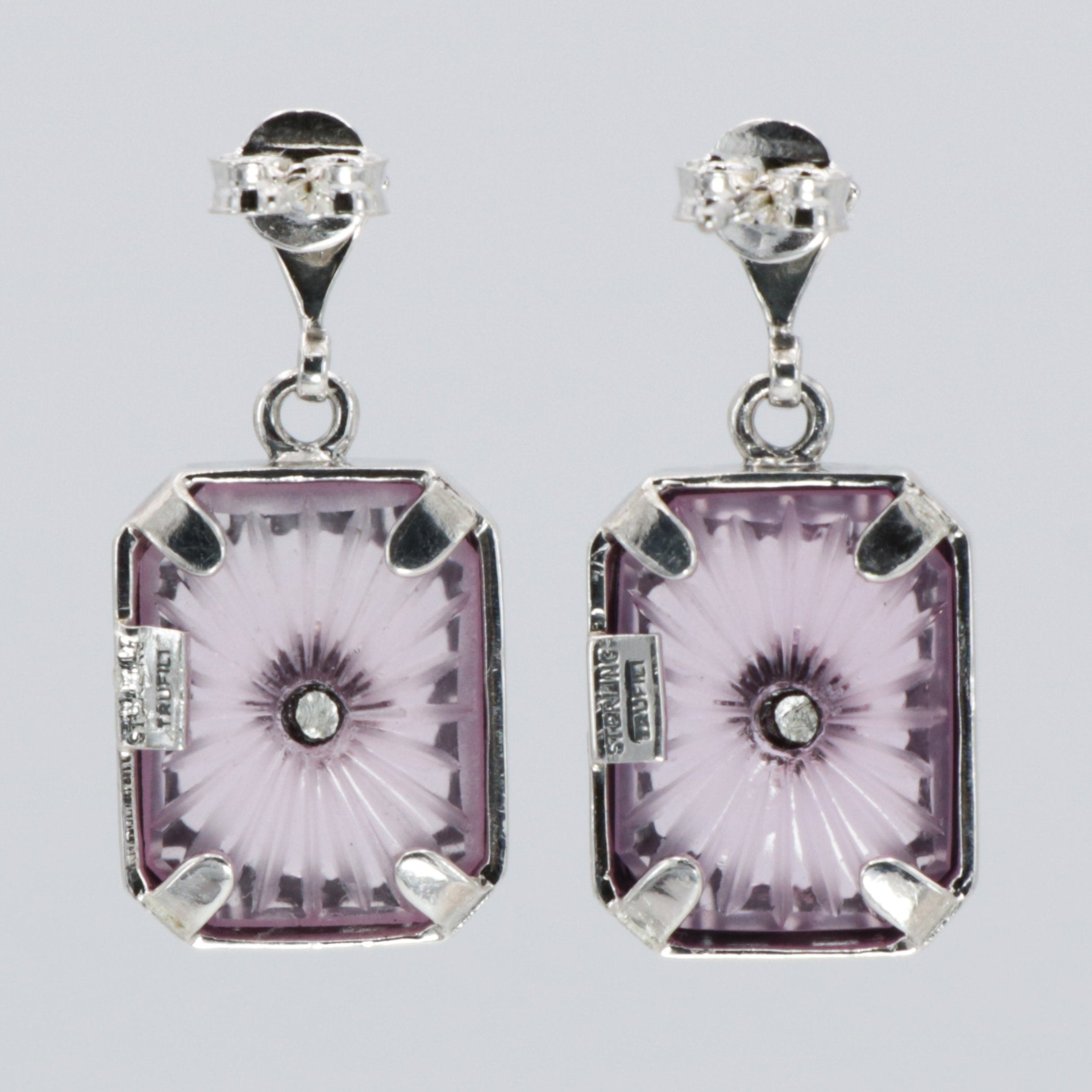 Back view of Art Deco Style Filigree Earrings Pink Pressed Glass Crystal Diamond Accents showing 925 sterling silver hallmark and French wire hooks