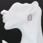 Detail view of Art Deco Style Filigree Earrings Pink Pressed Glass Crystal Diamond Accents highlighting filigree detail