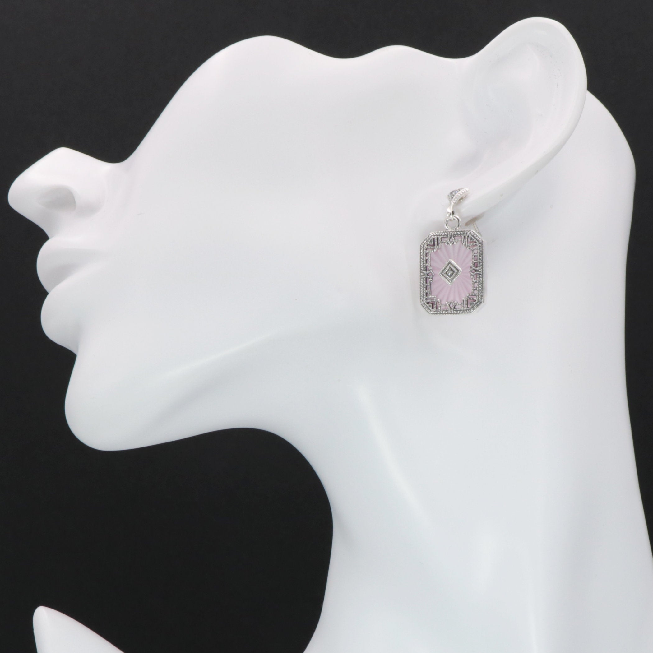 Detail view of Art Deco Style Filigree Earrings Pink Pressed Glass Crystal Diamond Accents highlighting filigree detail