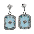 Art Deco teal crystal dangle earrings, rectangular open filigree frame, diamond center accent, fan stud post, sterling silver