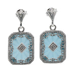 Art Deco teal crystal dangle earrings, rectangular open filigree frame, diamond center accent, fan stud post, sterling silver