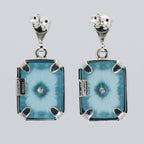 Back view of Art Deco Style Filigree Earrings Teal Pressed Glass Crystal Diamond Accents showing 925 sterling silver hallmark and French wire hooks