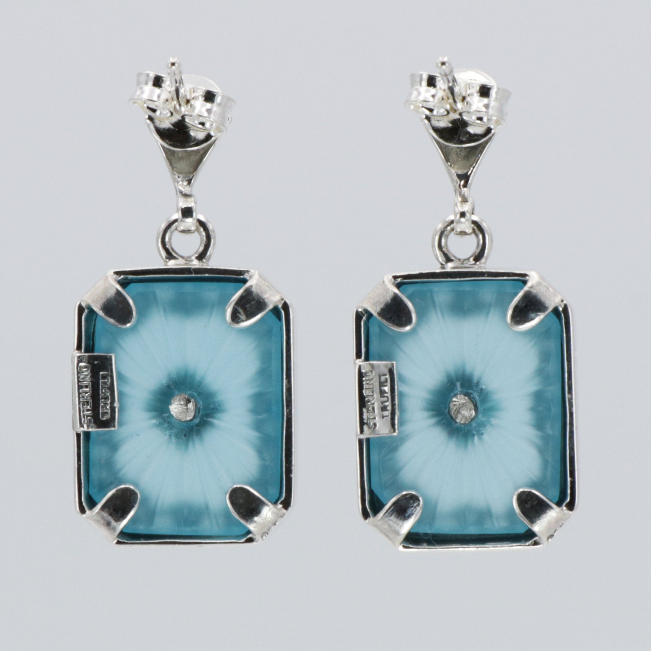 Back view of Art Deco Style Filigree Earrings Teal Pressed Glass Crystal Diamond Accents showing 925 sterling silver hallmark and French wire hooks