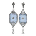 Blue crystal Art Deco long dangle earrings, filigree frame, diamond center, marcasite stud top, tassel drop, sterling silver