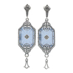 Blue crystal Art Deco long dangle earrings, filigree frame, diamond center, marcasite stud top, tassel drop, sterling silver