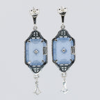 Back view of Art Deco Style Blue Sunray Crystal Dangle Filigree Earrings Diamond Accent showing 925 sterling silver hallmark and French wire hooks