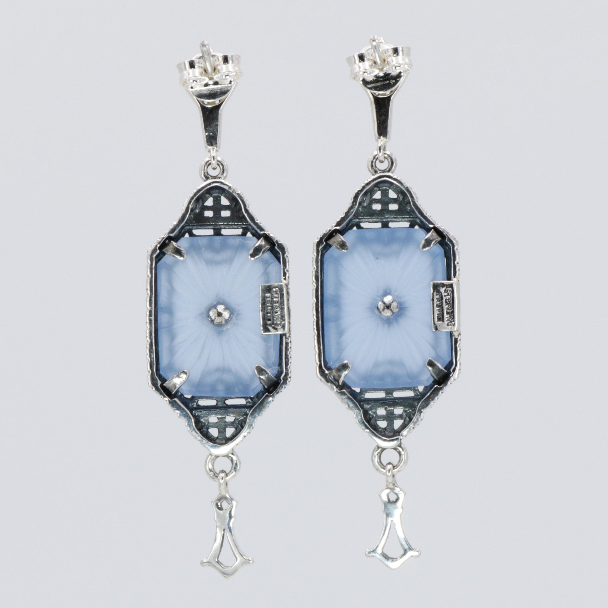 Back view of Art Deco Style Blue Sunray Crystal Dangle Filigree Earrings Diamond Accent showing 925 sterling silver hallmark and French wire hooks