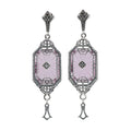 Pink sunray crystal Art Deco dangle earrings, filigree frame, diamond accent, marcasite stud, drop tassel, sterling silver