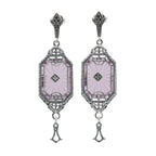 Pink sunray crystal Art Deco dangle earrings, filigree frame, diamond accent, marcasite stud, drop tassel, sterling silver