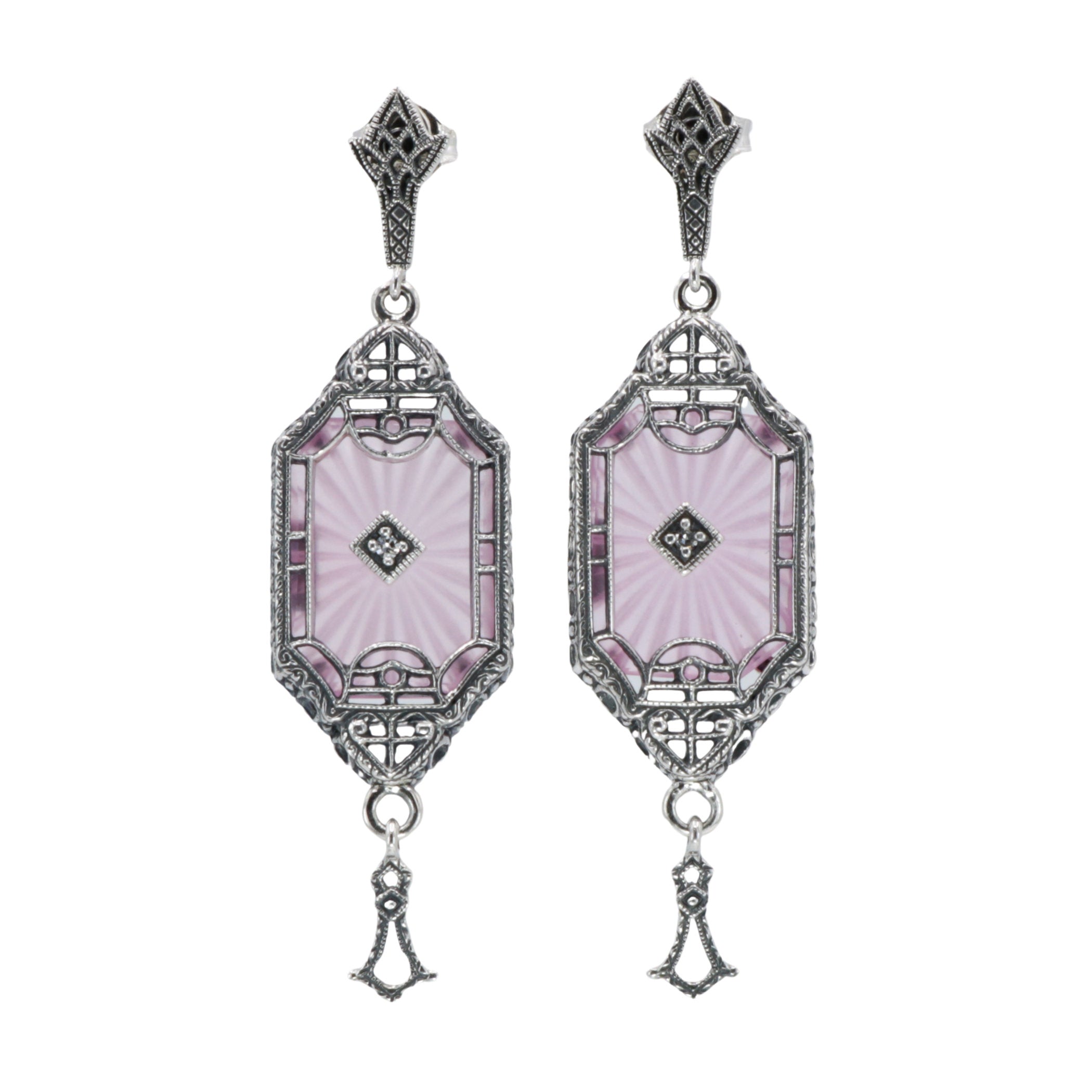 Pink sunray crystal Art Deco dangle earrings, filigree frame, diamond accent, marcasite stud, drop tassel, sterling silver