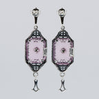 Back view of Art Deco Style Pink Sunray Crystal Dangle Filigree Earrings Diamond Accent showing 925 sterling silver hallmark and French wire hooks