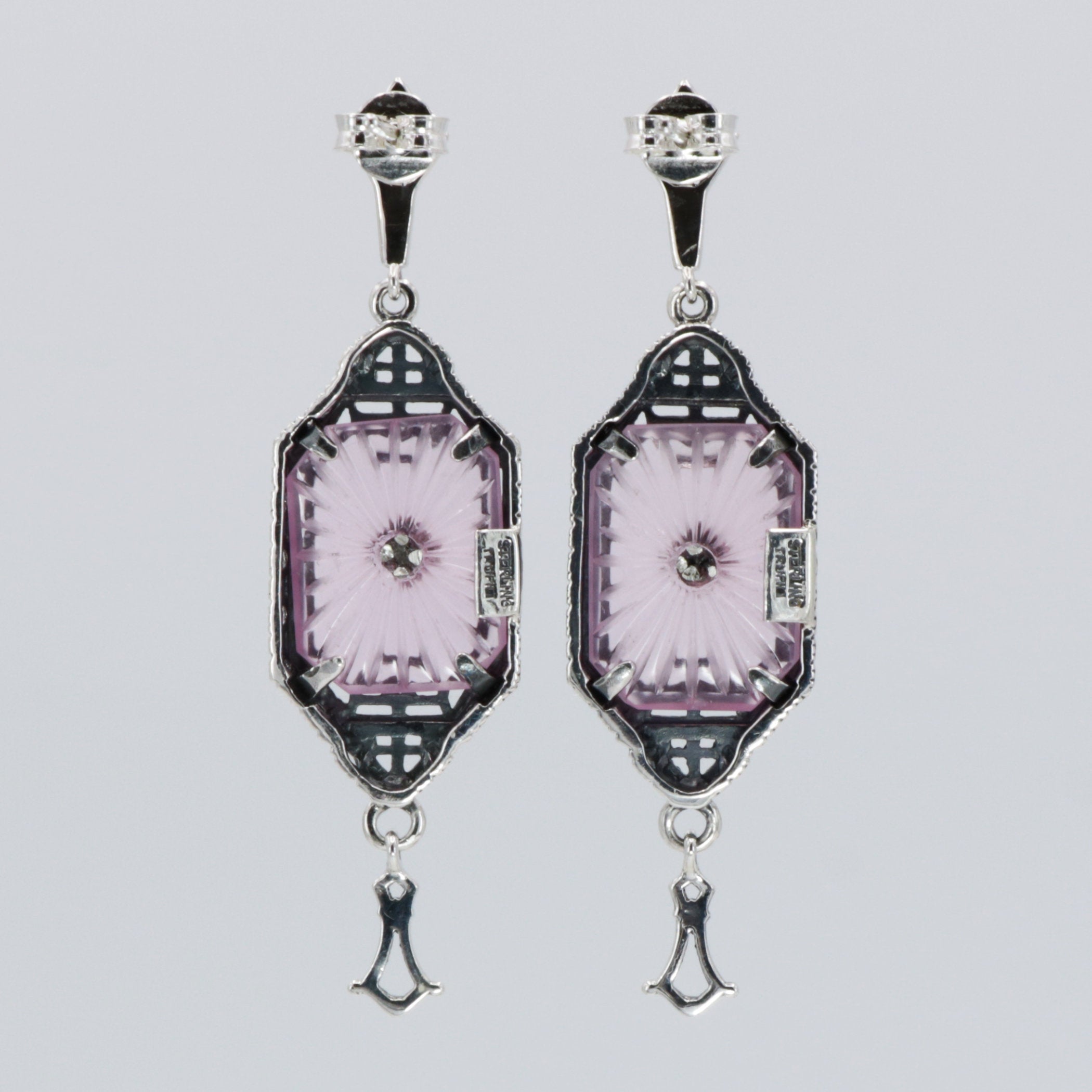 Back view of Art Deco Style Pink Sunray Crystal Dangle Filigree Earrings Diamond Accent showing 925 sterling silver hallmark and French wire hooks