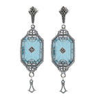 Art Deco teal crystal dangle earrings, filigree frame, diamond accent, marcasite stud, drop tassel, sterling silver