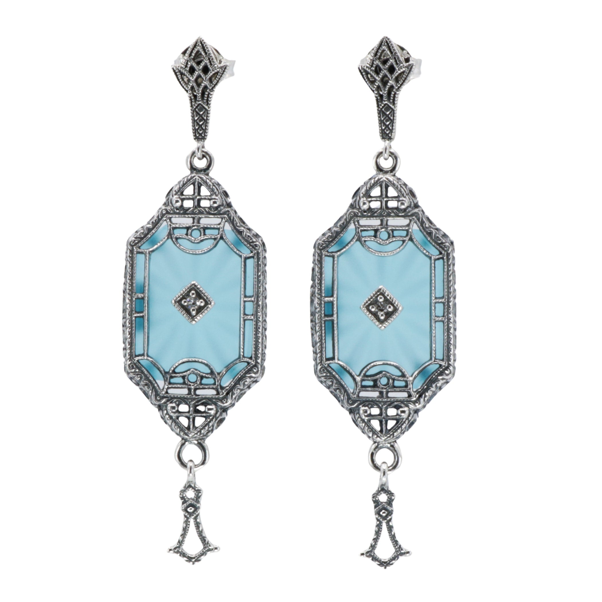 Art Deco teal crystal dangle earrings, filigree frame, diamond accent, marcasite stud, drop tassel, sterling silver