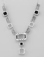 Back view of Art Deco Style Onyx and Quartz Crystal Necklace showing 925 sterling silver hallmark and spring ring clasp