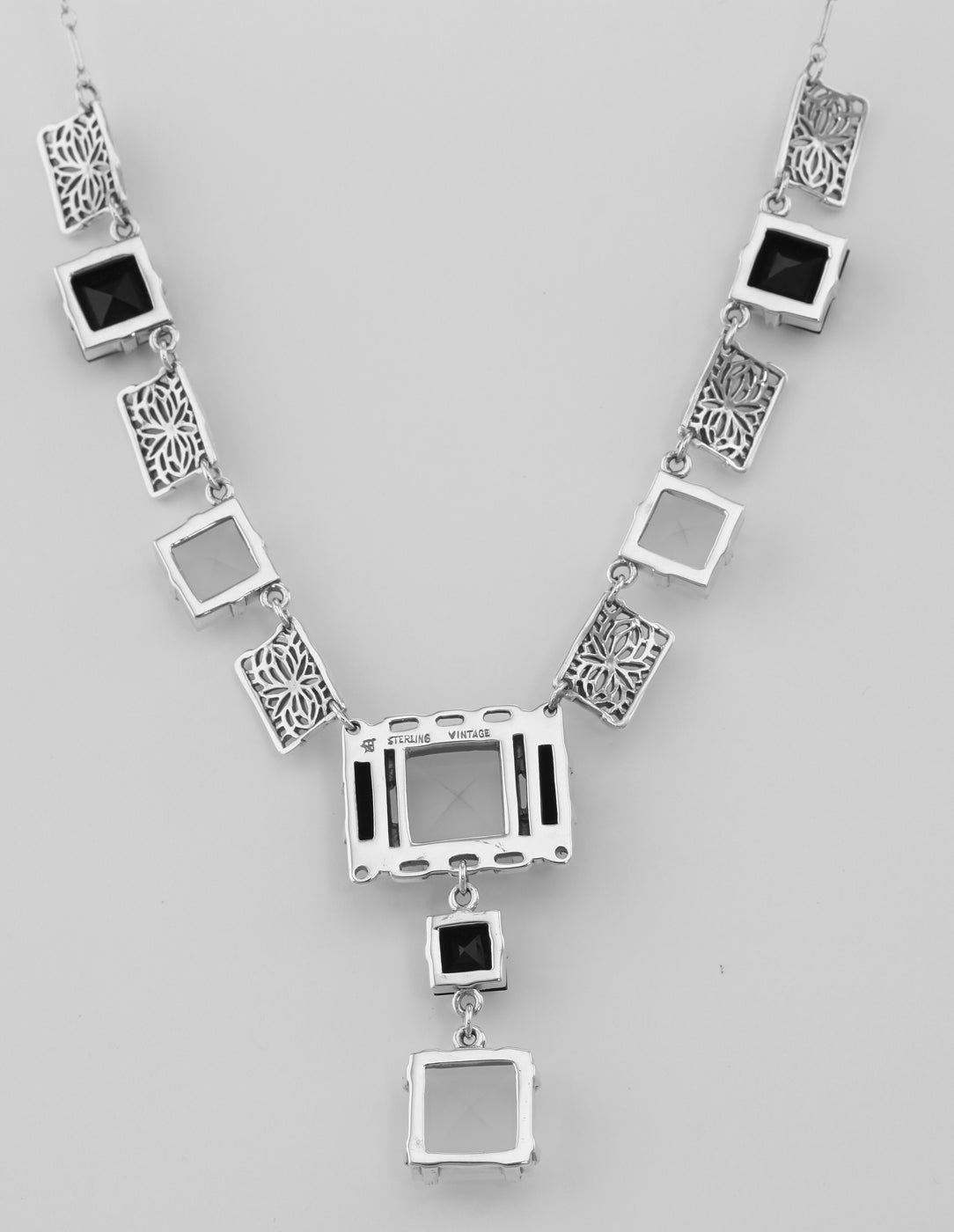 Back view of Art Deco Style Onyx and Quartz Crystal Necklace showing 925 sterling silver hallmark and spring ring clasp